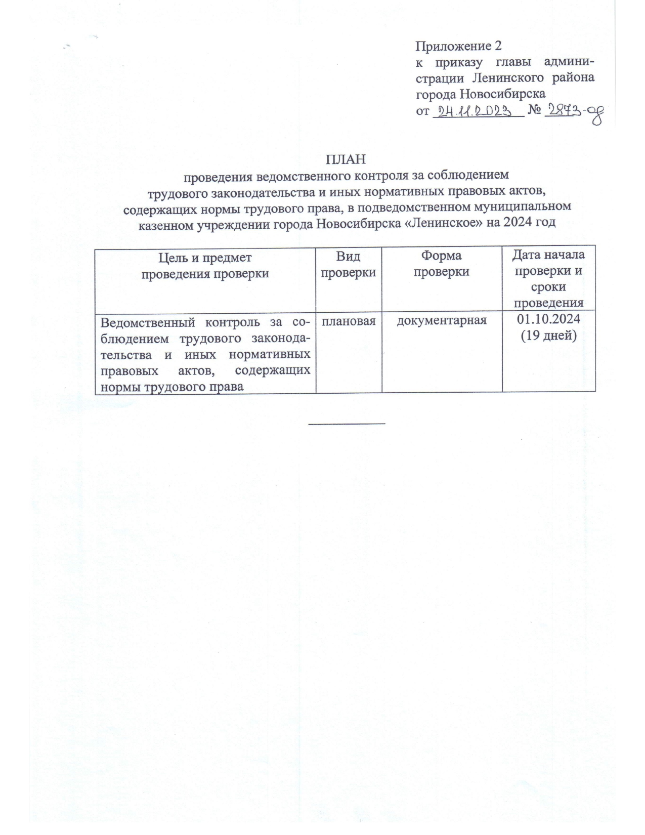 ПЛАН проведения ведомственного контроля за соблюдением трудового  законодательства и иных нормативных правовых актов, содержащих нормы  трудового права, в подведомственном муниципальном казенном учреждении  города Новосибирска «Ленинское» на 2024 год ...