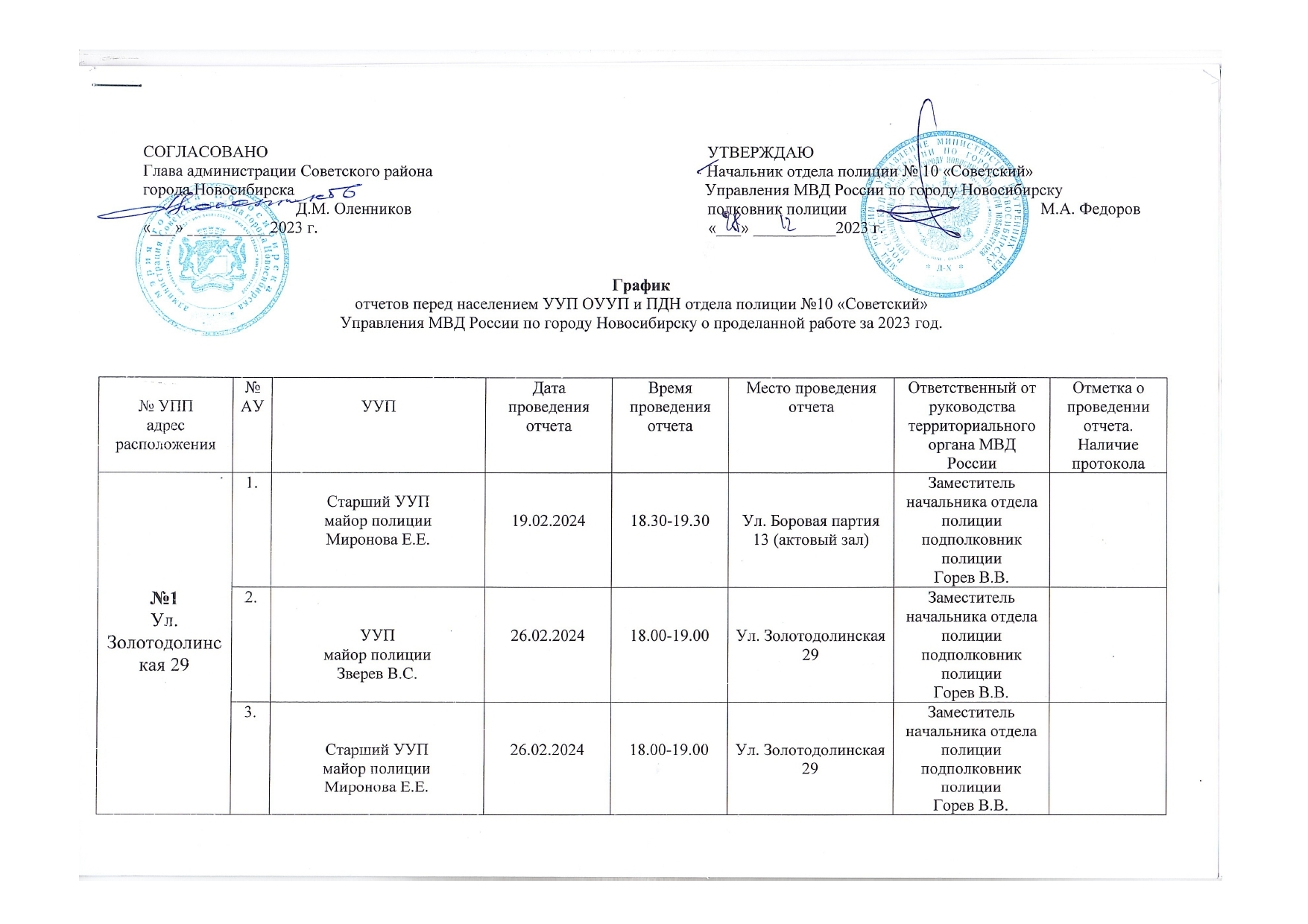 График отчетов перед населением УУП ООУУП и ПДН отдела полиции № 10  «Советский» Управления МВД России по городу Новосибирску о проделанной  работе за 2023 год. | Официальный сайт Новосибирска
